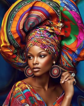 Portrait of an African American woman in a turban with African print. Generative AI. High quality illustration