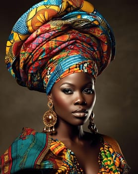 Portrait of an African American woman in a turban with African print. Generative AI. High quality illustration