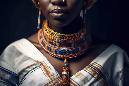 African American woman with African jewelry around her neck and clothes with an African print. Generative AI. High quality illustration