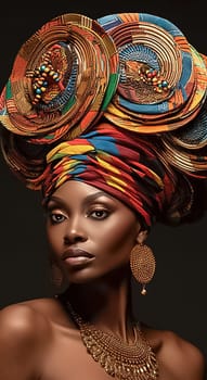 Portrait of an African American woman in a turban with African print. Generative AI. High quality illustration