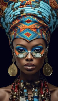 Portrait of an African American woman in a turban with African print. Generative AI. High quality illustration