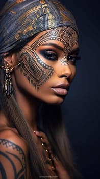 Portrait of a beautiful African woman with tattoos on her face. Generative AI. High quality illustration