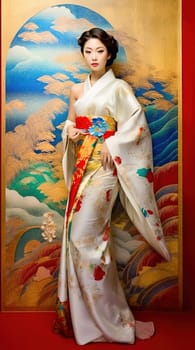 Full length portrait of a beautiful Japanese woman in kimono. Generative AI. High quality illustration