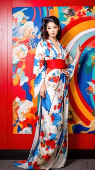 Full length portrait of a beautiful Japanese woman in kimono. Generative AI. High quality illustration