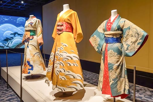 Japanese kimono costumes. Exhibition of Japanese costumes Generative AI. High quality illustration