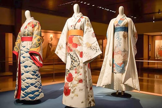 Japanese kimono costumes. Exhibition of Japanese costumes Generative AI. High quality illustration