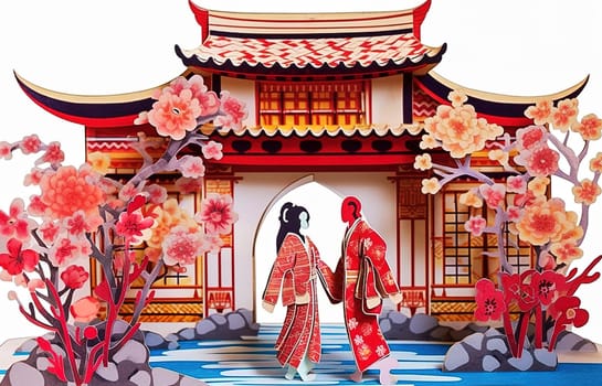 Japanese paper crafts. Paper-cut models of Japanese theater artists. Puppet scene. Generative AI. High quality illustration