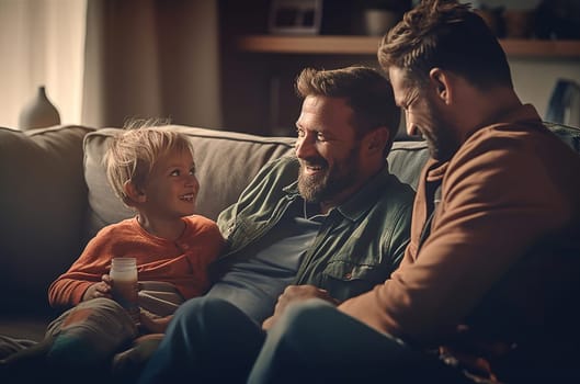 Male gay couple with a child. The concept of same-sex marriage and parenting. Generative AI. High quality illustration