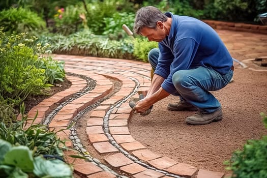 A man lays out a path in the garden from clinker tiles. Generative AI. High quality illustration