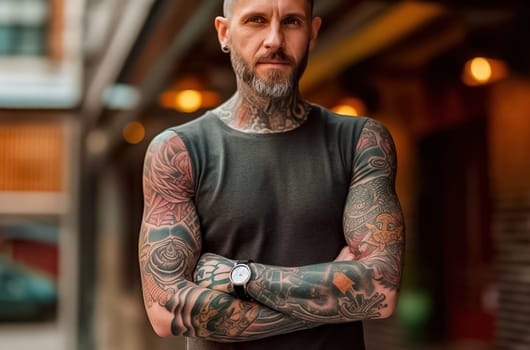A man with tattoos on his arms. Generative AI. High quality illustration