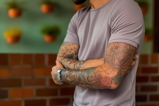 A man with tattoos on his arms. Generative AI. High quality illustration