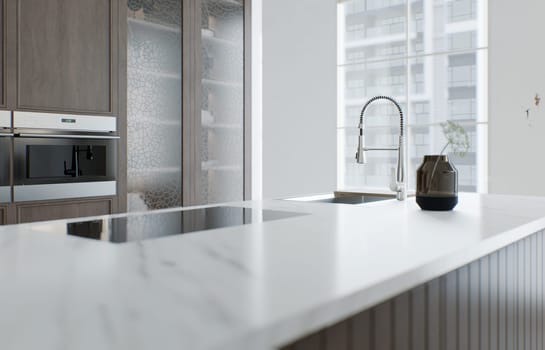 Kitchen minimalism. Wooden kitchen with large long island and bar stools. Kitchen with marble top and wooden bottom. 3d render