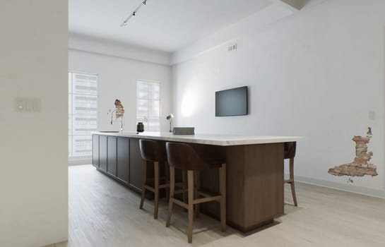 Kitchen minimalism. Wooden kitchen with large long island and bar stools. Kitchen with marble top and wooden bottom. 3d render