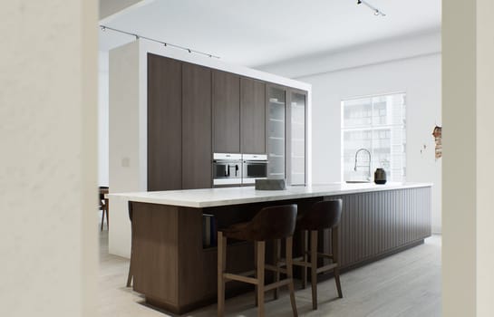 Kitchen minimalism. Wooden kitchen with large long island and bar stools. Kitchen with marble top and wooden bottom. 3d render