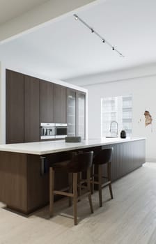 Kitchen minimalism. Wooden kitchen with large long island and bar stools. Kitchen with marble top and wooden bottom. 3d render