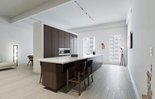 Kitchen minimalism. Wooden kitchen with large long island and bar stools. Kitchen with marble top and wooden bottom. 3d render