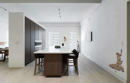 Kitchen minimalism. Wooden kitchen with large long island and bar stools. Kitchen with marble top and wooden bottom. 3d render