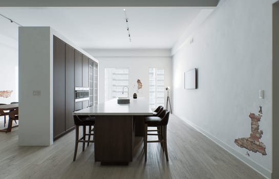 Kitchen minimalism. Wooden kitchen with large long island and bar stools. Kitchen with marble top and wooden bottom. 3d render