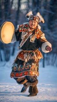 Dances of the peoples of the north. A man in an animal skin performs a shaman dance in winter. Generative AI. High quality illustration