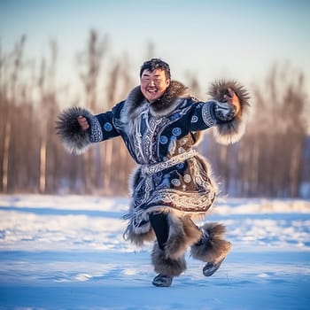 Dances of the peoples of the north. A man in an animal skin performs a shaman dance in winter. Generative AI. High quality illustration