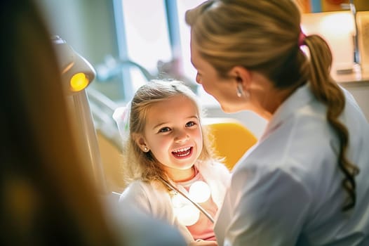 A female dentist examines a child's teeth in a dental office. Generative AI. High quality illustration