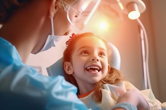 A female dentist examines a child's teeth in a dental office. Generative AI. High quality illustration