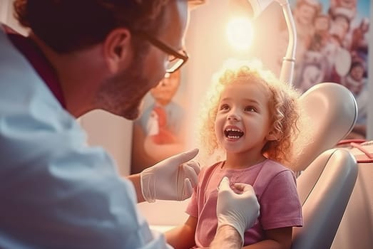 A male dentist examines a child's teeth in a dental office. Generative AI. High quality illustration