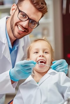 A male dentist examines a child's teeth in a dental office. Generative AI. High quality illustration