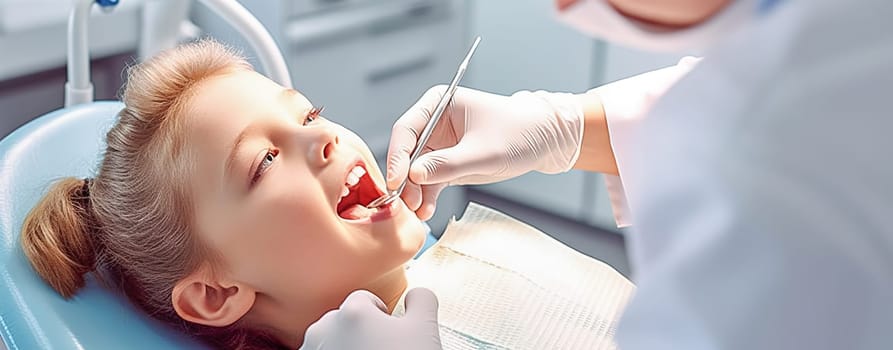 A female dentist examines a child's teeth in a dental office. Generative AI. High quality illustration