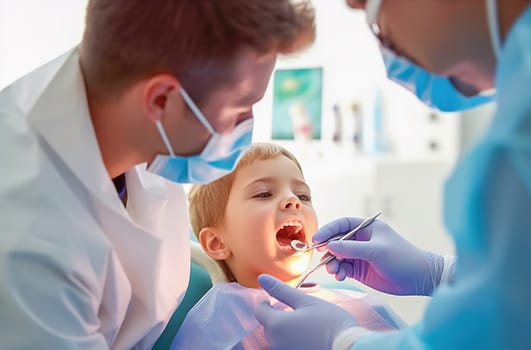 A male dentist examines a child's teeth in a dental office. Generative AI. High quality illustration