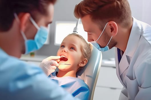 A male dentist examines a child's teeth in a dental office. Generative AI. High quality illustration