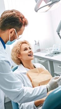 A male dentist treats a woman's teeth in a dental chair. Generative AI. High quality illustration