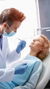 A male dentist treats a woman's teeth in a dental chair. Generative AI. High quality illustration