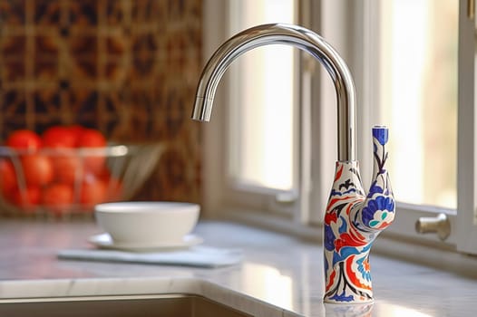 Faucet in modern kitchen with Japanese print. Generative AI. High quality illustration