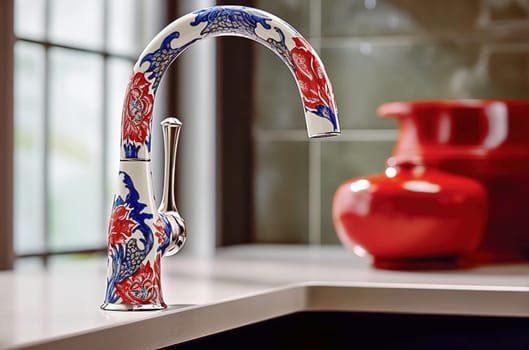 Faucet in modern kitchen with Japanese print. Generative AI. High quality illustration