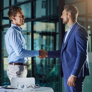 Business people, handshake and partnership or collaboration, onboarding or employment and hiring in office. Corporate, men and executive shaking hands for agreement or b2b, crm and recruitment.