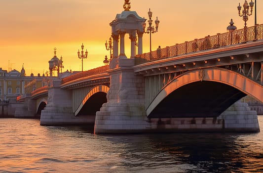 Illuminated bridge across the river at sunset. Generative AI. High quality illustration
