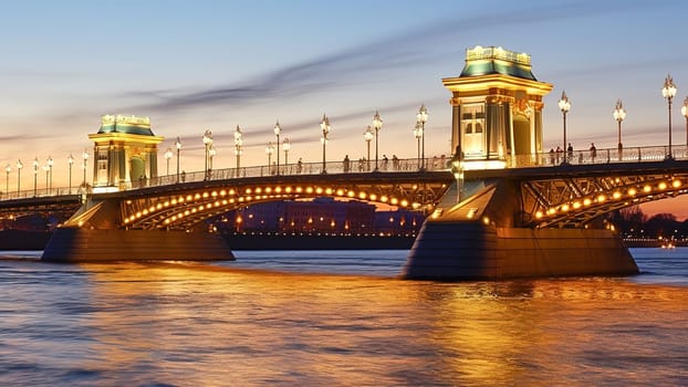 Illuminated bridge across the river at sunset. Generative AI. High quality illustration