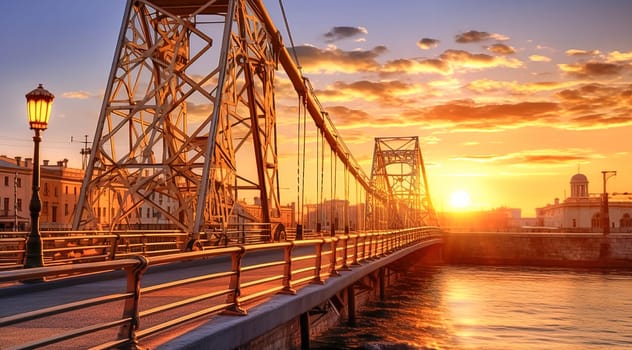 Illuminated bridge across the river at sunset. Generative AI. High quality illustration