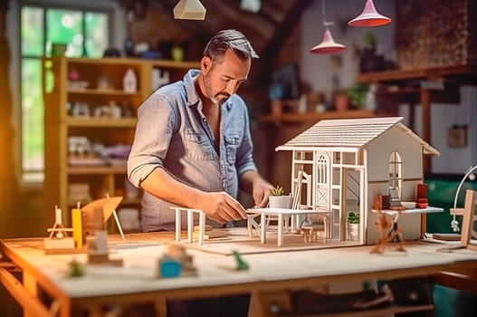 A man designs a model of a house. Generative AI. High quality illustration
