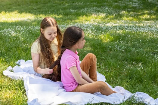 Cute Little Girl With Long Hair braids Sister's Hair Sitting On Grass in Meadow At Sunny Day. Siblings Love And Care, True Friendship, Family Lifestyle. Horizontal Plane. High quality photo