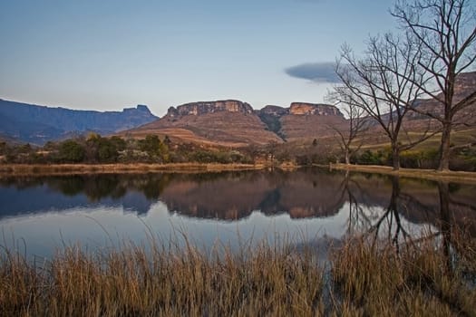 Early morning reflections of mountains and trees in a calm Drakensberg lake in Royal Natal National Park. KwaZulu-Natal. South Africa