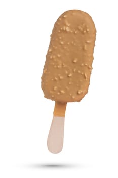 Ice cream on a stick, on a white isolated background. Ice cream covered with caramel chocolate with nuts. Ice cream scoop isolate for inserting into a design or project. High quality photo