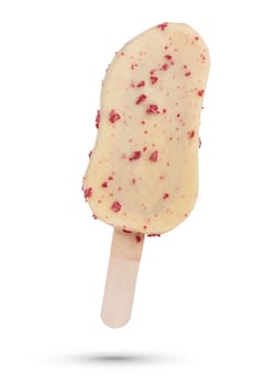 Ice cream on a stick, on a white isolated background. Ice cream covered with white chocolate with cranberries. Ice cream scoop isolate for inserting into a design or project