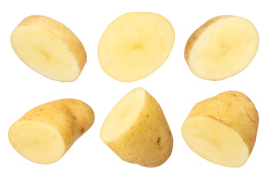 Raw vegetables. Potato with peel and leftover ground isolated on white background. The concept of obesity from potatoes. To be inserted into a design or project