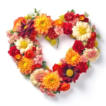 Flowers wreath in the shape of heart on white background. Romantic template for cards, invitations, etc. AI generated