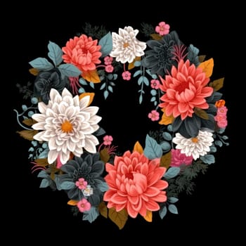 Flowers wreath in the shape of heart on black background. Romantic template for cards, invitations, etc. AI generated