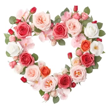 Flowers wreath in the shape of heart on white background. Romantic template for cards, invitations, etc. AI generated