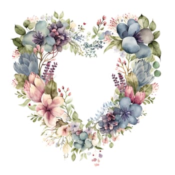Watercolour flowers wreath in the shape of heart on white background. Romantic template for cards, invitations, etc. AI generated