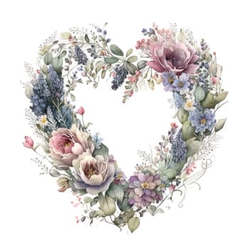 Watercolour flowers wreath in the shape of heart on white background. Romantic template for cards, invitations, etc. AI generated